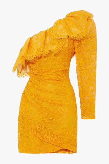 DUNDAS One-shoulder ruffled cotton-blend corded lace mini dress