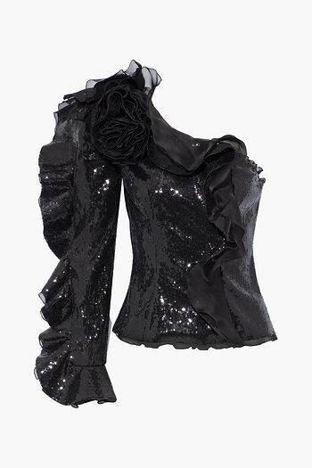 DUNDAS One-shoulder ruffled sequined tulle top