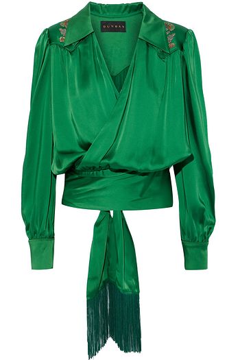 DUNDAS Fringe-trimmed appliquéd satin wrap blouse