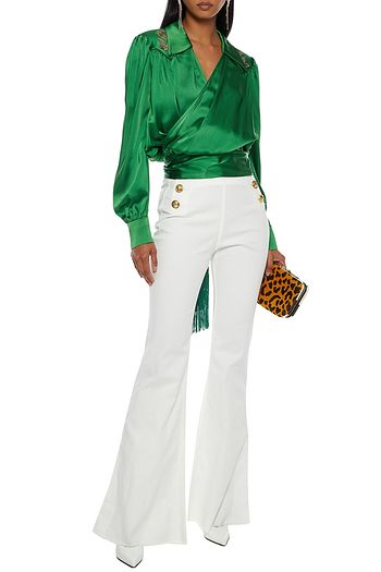 DUNDAS Fringe-trimmed appliquéd satin wrap blouse
