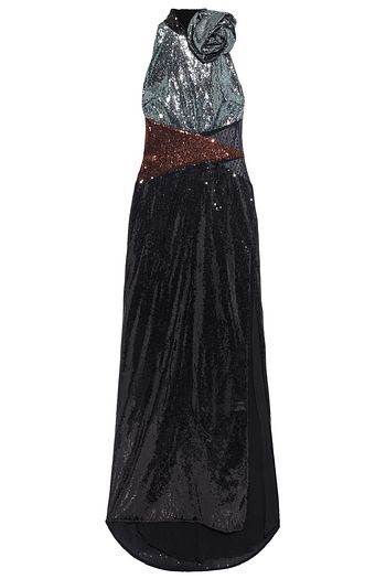 DUNDAS Point d'esprit-trimmed floral-appliquéd sequined georgette gown