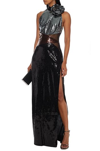DUNDAS Point d'esprit-trimmed floral-appliquéd sequined georgette gown