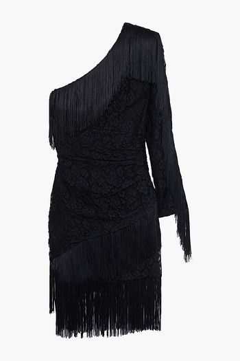 DUNDAS One-shoulder fringed cotton-blend lace dress