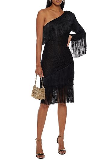 DUNDAS One-shoulder fringed cotton-blend lace dress