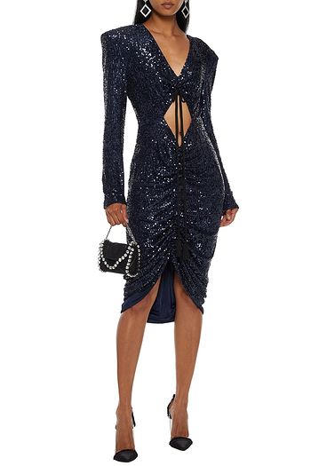 DUNDAS Cutout ruched sequined tulle dress