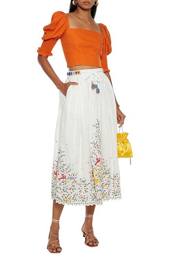 ZIMMERMANN Carnaby belted embroidered linen-gauze midi skirt