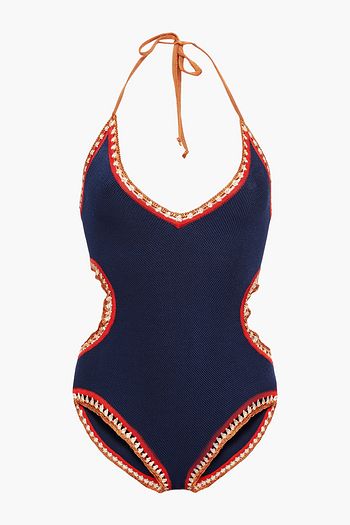 SOLID & STRIPED X RE/DONE Cutout crocheted halterneck swimsuit