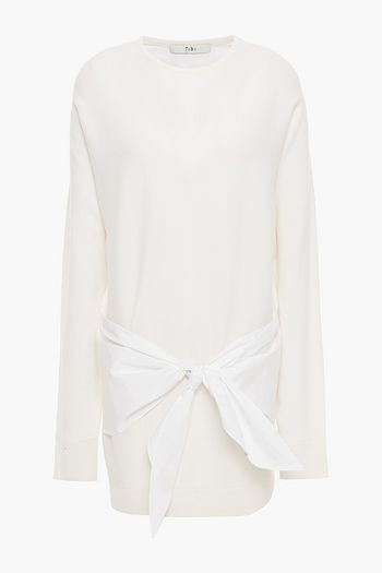 TIBI Knotted poplin-paneled merino wool sweater