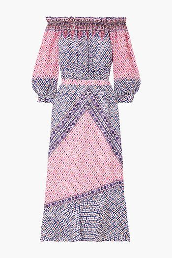 SALONI Grace off-the-shoulder floral-print silk crepe de chine midi dress