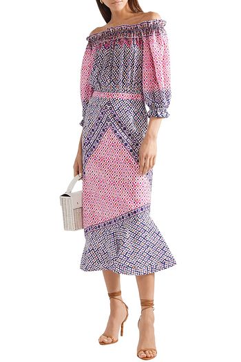 SALONI Grace off-the-shoulder floral-print silk crepe de chine midi dress