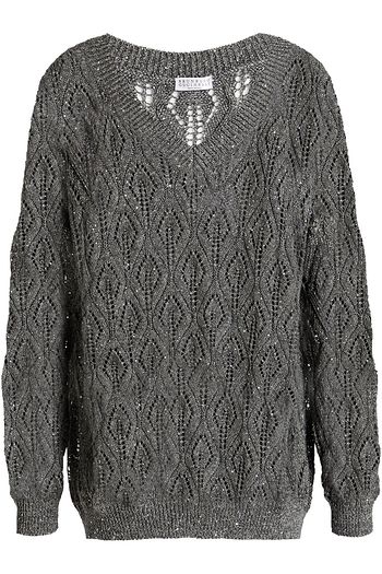 BRUNELLO CUCINELLI Embellished pointelle-knit linen-blend sweater