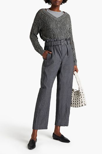 BRUNELLO CUCINELLI Embellished pointelle-knit linen-blend sweater