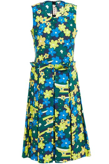 MARNI Pleated printed cotton-poplin midi dress