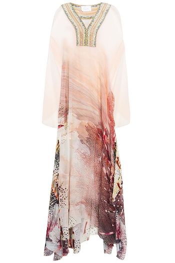 CAMILLA Coastal Treasure ruffled embellished printed fil coupé silk kaftan