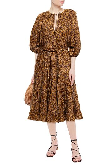 ZIMMERMANN Bedrucktes Midikleid aus Leinen mit Gürtel