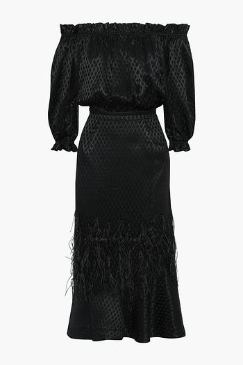 SALONI Grace off-the-shoulder embellished silk-satin jacquard midi dress