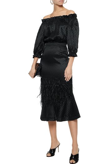 SALONI Grace off-the-shoulder embellished silk-satin jacquard midi dress