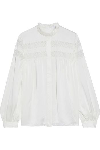FRAME Lace-trimmed washed-silk blouse