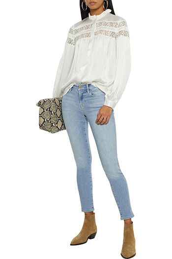 FRAME Lace-trimmed washed-silk blouse