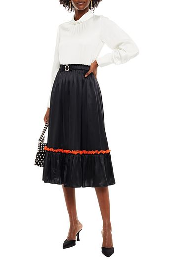 SHRIMPS Lace-trimmed embellished silk-satin skirt