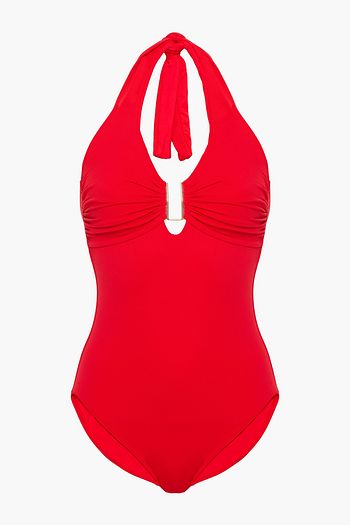 MELISSA ODABASH Tampa embellished stretch-piquè halterneck swimsuit