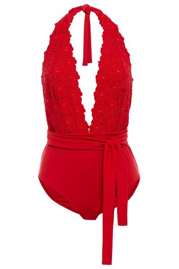 I.D. SARRIERI Embroidered belted halterneck swimsuit