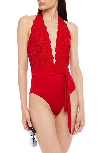 I.D. SARRIERI Embroidered belted halterneck swimsuit