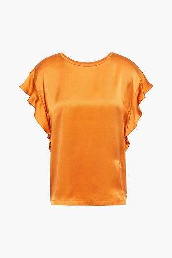 MAJE Jersey-paneled ruffle-trimmed silk-satin top
