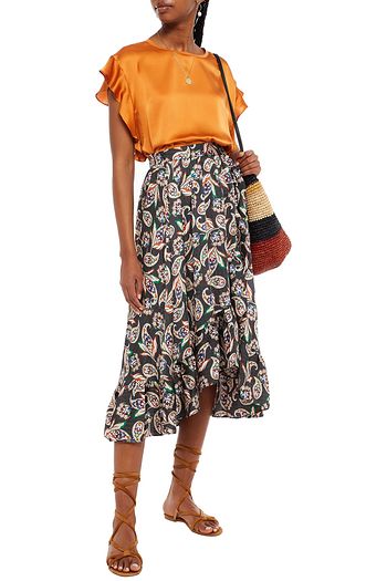 MAJE Jersey-paneled ruffle-trimmed silk-satin top