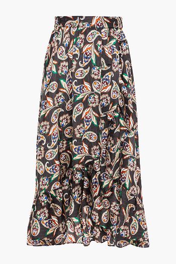 MAJE Jisley wrap-effect printed satin midi skirt