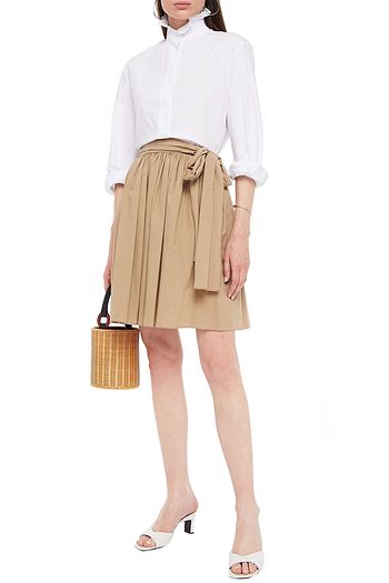 MIU MIU Tie-front gathered cotton-poplin mini skirt