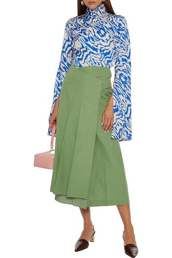 REJINA PYO Laurie pleated cotton and linen-blend midi wrap skirt