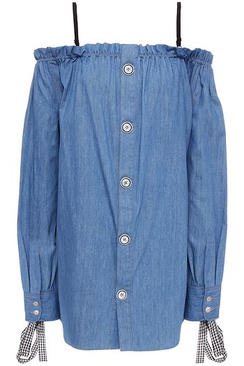 MIU MIU Cold-shoulder bow-detailed denim mini dress