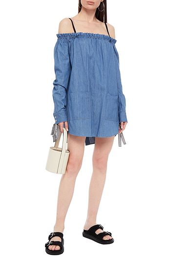 MIU MIU Cold-shoulder bow-detailed denim mini dress