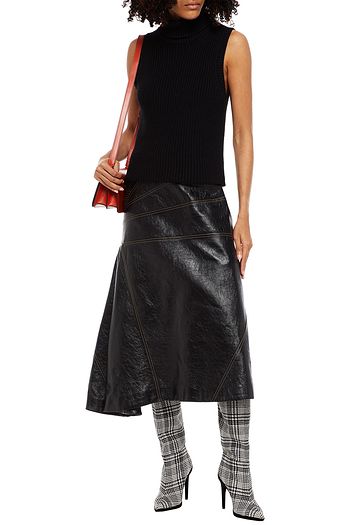 MIU MIU Asymmetric pleated crinkled-leather midi skirt