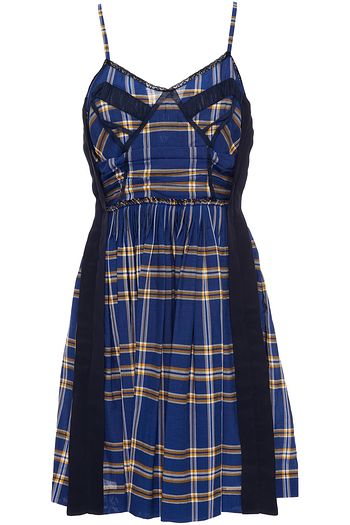 MIU MIU Crepe de chine-paneled lace-trimmed checked cotton dress