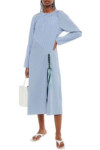 TIBI Kaia braid-trimmed striped cotton-blend poplin midi dress
