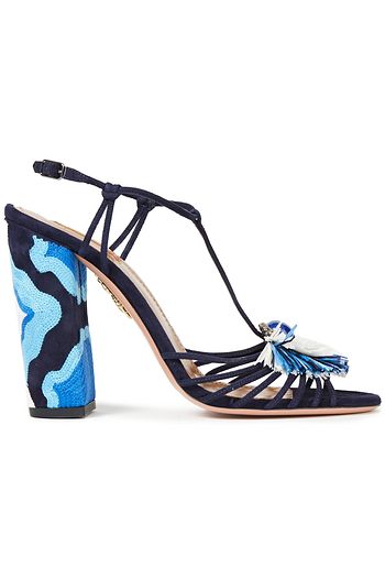 AQUAZZURA Samba 105 Sandalen aus Veloursleder mit Raffiabast-Besatz und Verzierung