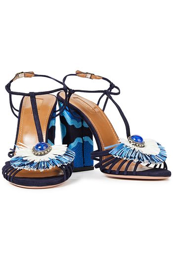 AQUAZZURA Samba 105 Sandalen aus Veloursleder mit Raffiabast-Besatz und Verzierung