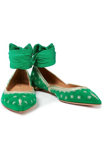 AQUAZZURA Bliss lace-up embellished suede point-toe flats