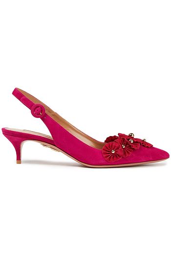 AQUAZZURA Exotic Sling 45 Slingback-Pumps aus Veloursleder mit floralen Applikationen