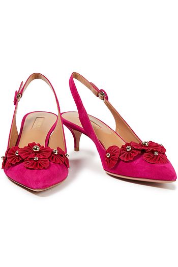 AQUAZZURA Exotic Sling 45 Slingback-Pumps aus Veloursleder mit floralen Applikationen