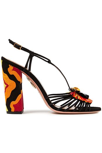 AQUAZZURA Samba 105 Sandalen aus Veloursleder mit Raffiabast-Besatz und Verzierung