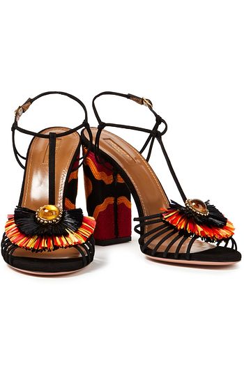 AQUAZZURA Samba 105 Sandalen aus Veloursleder mit Raffiabast-Besatz und Verzierung