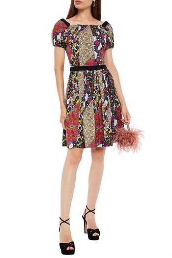 PRADA Schulterfreies Kleid aus Popeline aus Stretch-Baumwolle mit Print und Raffung