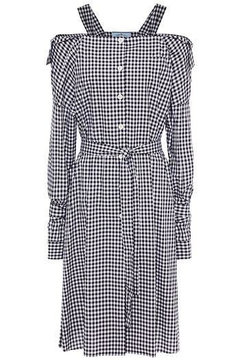 PRADA Midikleid aus Baumwollpopeline mit Cut-outs, Gürtel und Gingham-Karo