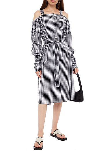 PRADA Midikleid aus Baumwollpopeline mit Cut-outs, Gürtel und Gingham-Karo