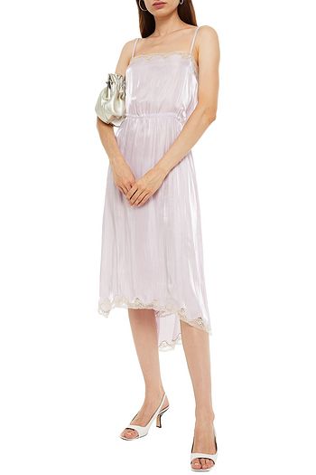 PRADA Lace-trimmed charmeuse midi wrap dress