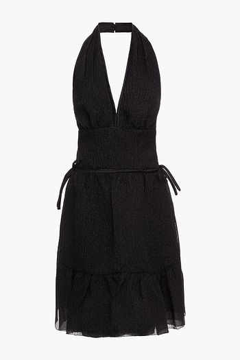 PRADA Gathered silk-blend cloque halterneck mini dress