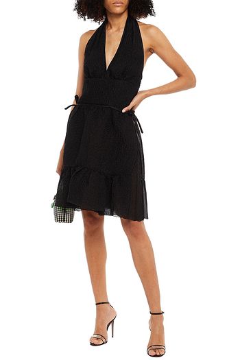 PRADA Gathered silk-blend cloque halterneck mini dress
